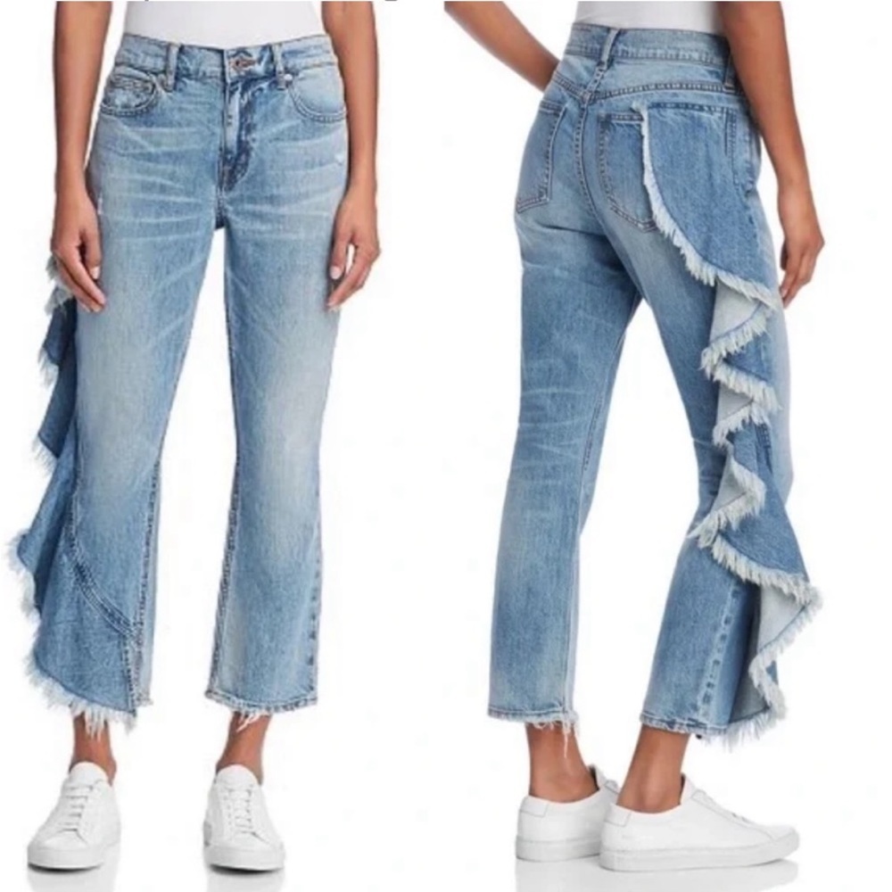 pistola Light Blue Distressed Ruffle Hem Ankle Jeans